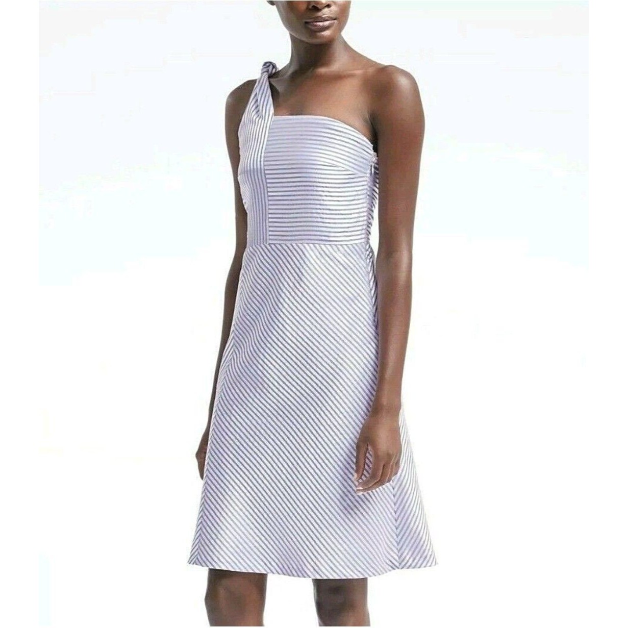 Banana Republic Size 8 Dress One Shoulder Fit & Flare Satin Blue Stripe Lined